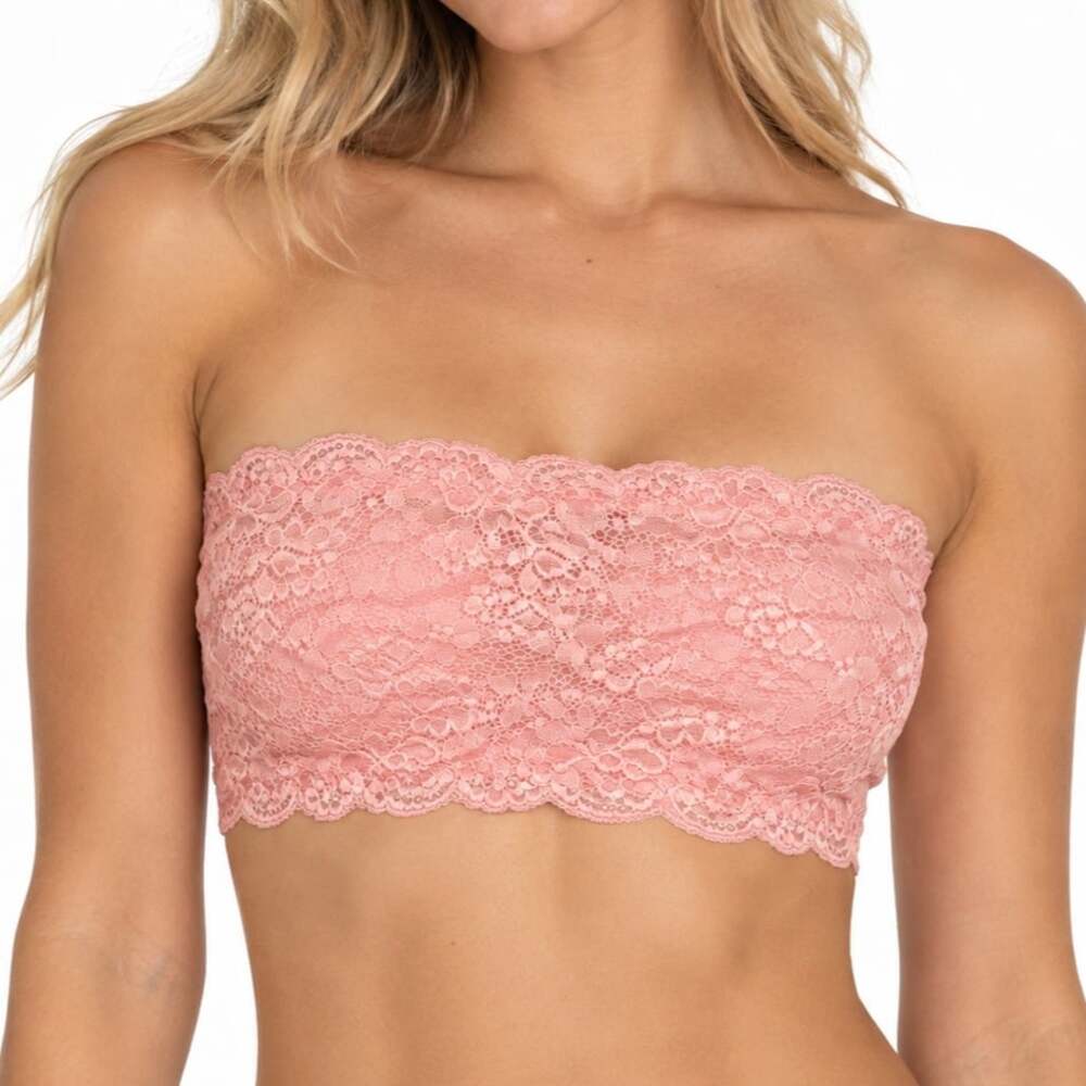 Dusty Pink Floral Lace Bandeau Strapless Tube Top Bralette Scalloped Trim